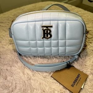 Women’s burberry blue mini quilted leather lola camera bag.